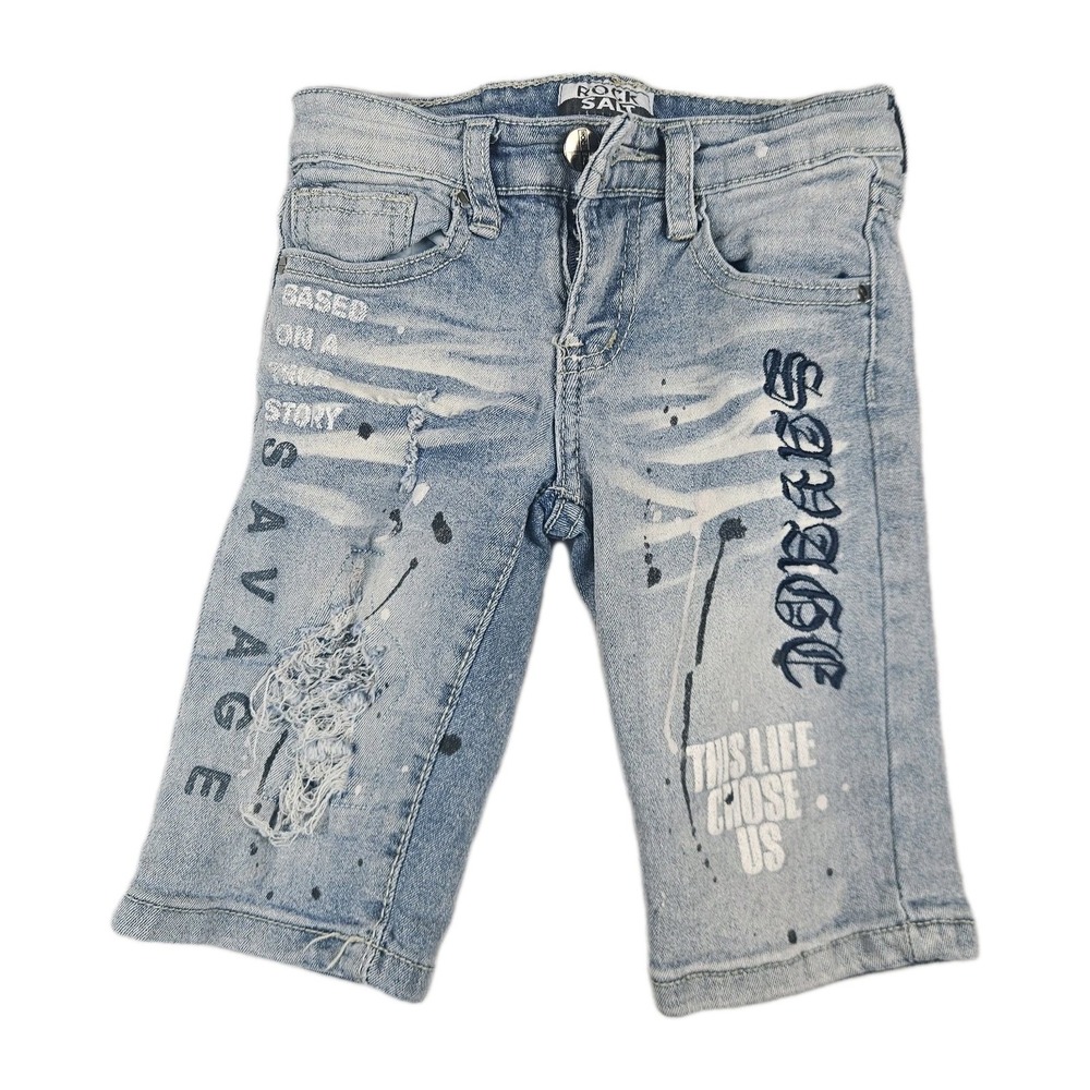 Rock Salt Boys Distressed Denim Shorts Size 5 Blue Graphic Painted Jeans